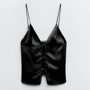Zara Black Satin Camisole with Lace-Up Detail Bow NWOT
